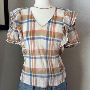 Madewell Plaid Ruffle Shoulder Blouse